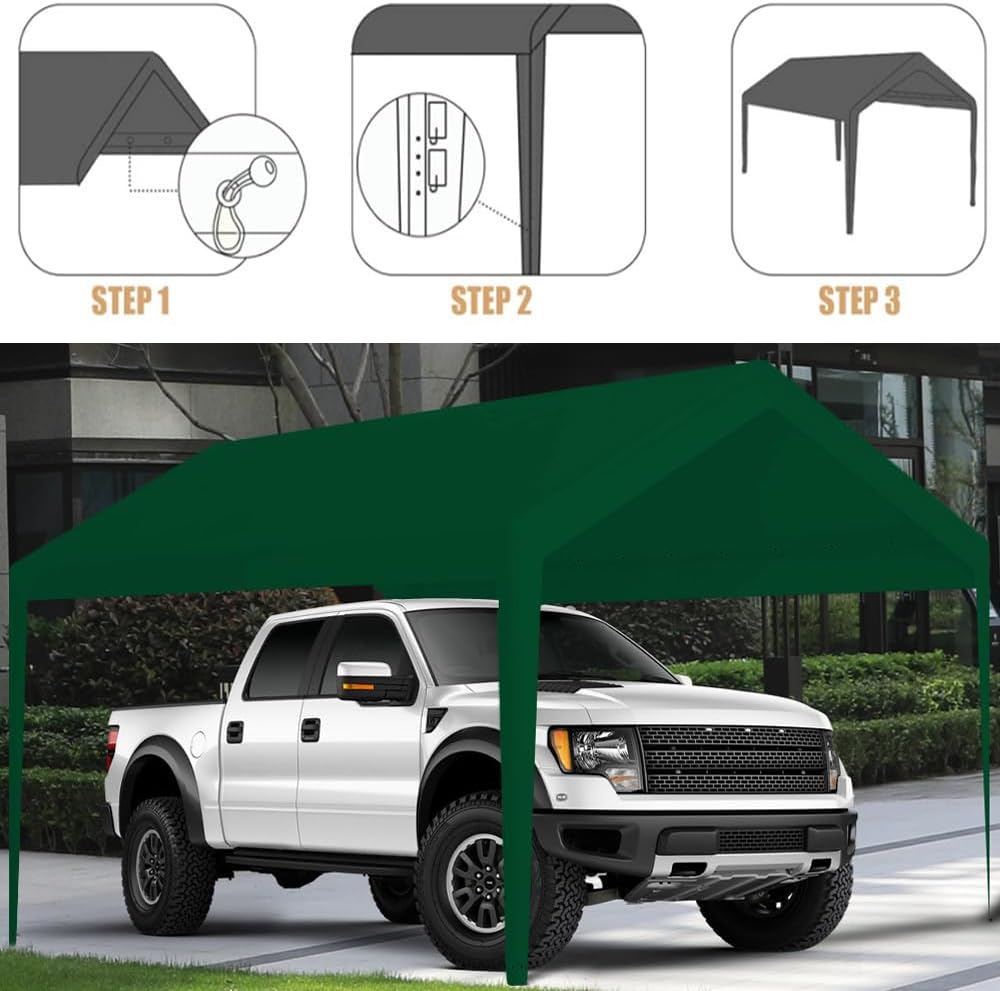 Rutile 12 x 20 FT Carport Replacement Cover, Heavy Duty Car Tarp Canopy Tent Garage Top Shelter Cover with Fabric Leg Pole Skirts and Ball Bungees Green (Only Top Cover, Frame is not Included)