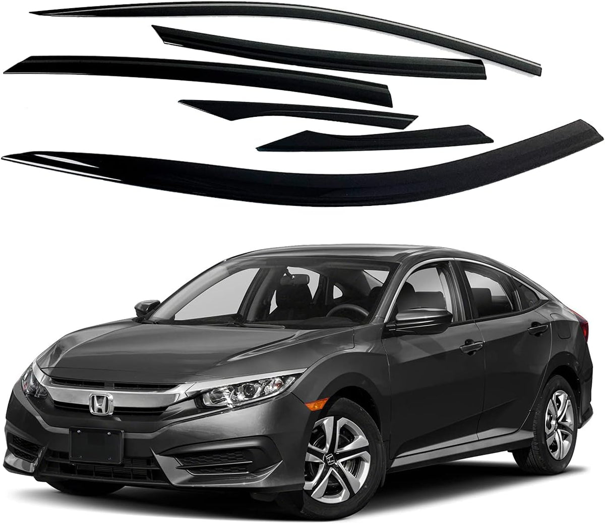 AUTOCLOVER Tape-On Rain Guards Window Visors 6 Pcs Set for Honda Civic Sedan 4dr 2016 2017 2018 2019 2020 2021 / Window Deflectors, Out-Channel Vent Shades (Smoked)