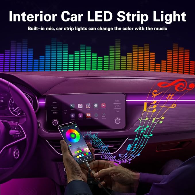 Interior Car Lights with Wireless APP and Remote Control, 5 in 1 RGB Ambient Lighting Kit with 236 inches Fiber Optic, 16 Million Colors Car Neon Strip with Music Mode