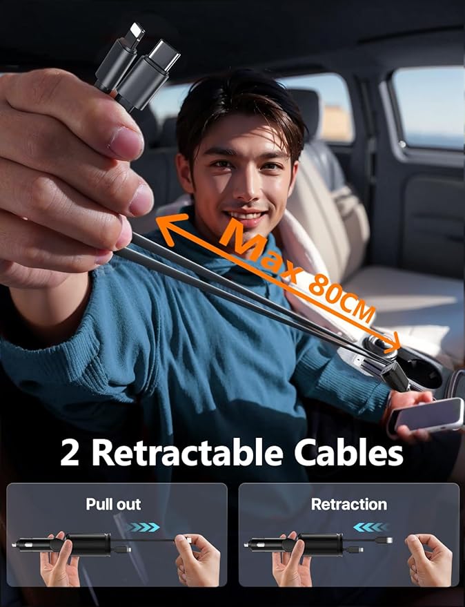 Starlight Retractable Car Charger with Retractable Cables, Starlight in Car Roof 4 in 1 Super Fast USB C Car Phone Charger, 2 USB Ports Starry Sky Adapter, Compatible with iPhone 17 16 15 14 13 12