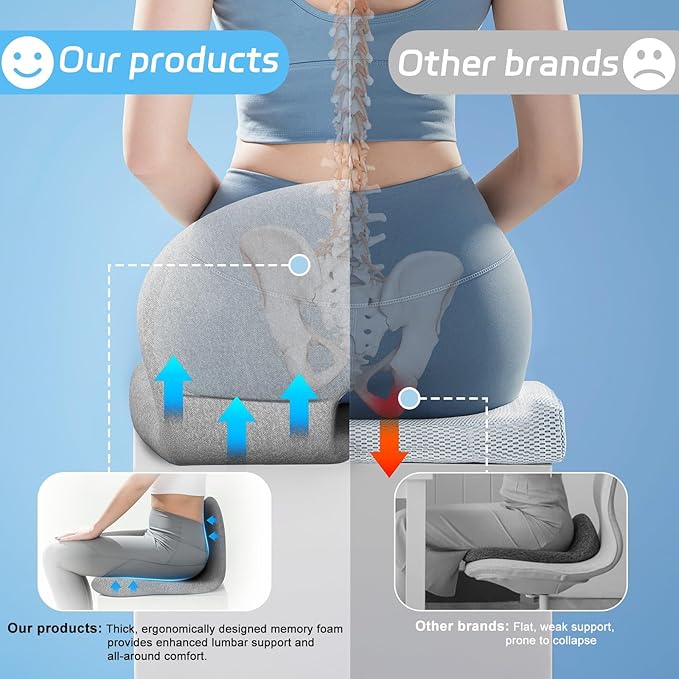 Truck Driver Seat Cushion, Memory Foam L-Shaped Ergonomic Cushion for Office Chairs, Comfort & Support for Long Sitting
