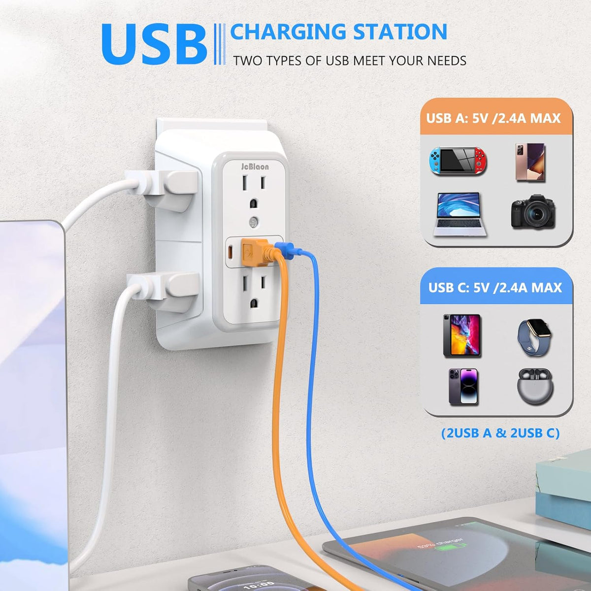 2 Pack Outlet Extender Surge Protector, 6 Outlet Splitter with 4 USB Outlet (2 USB A,2 USB C), 3Sided Power Strip with Adapter Spaced Outlets for Home, Office, Travel(White)