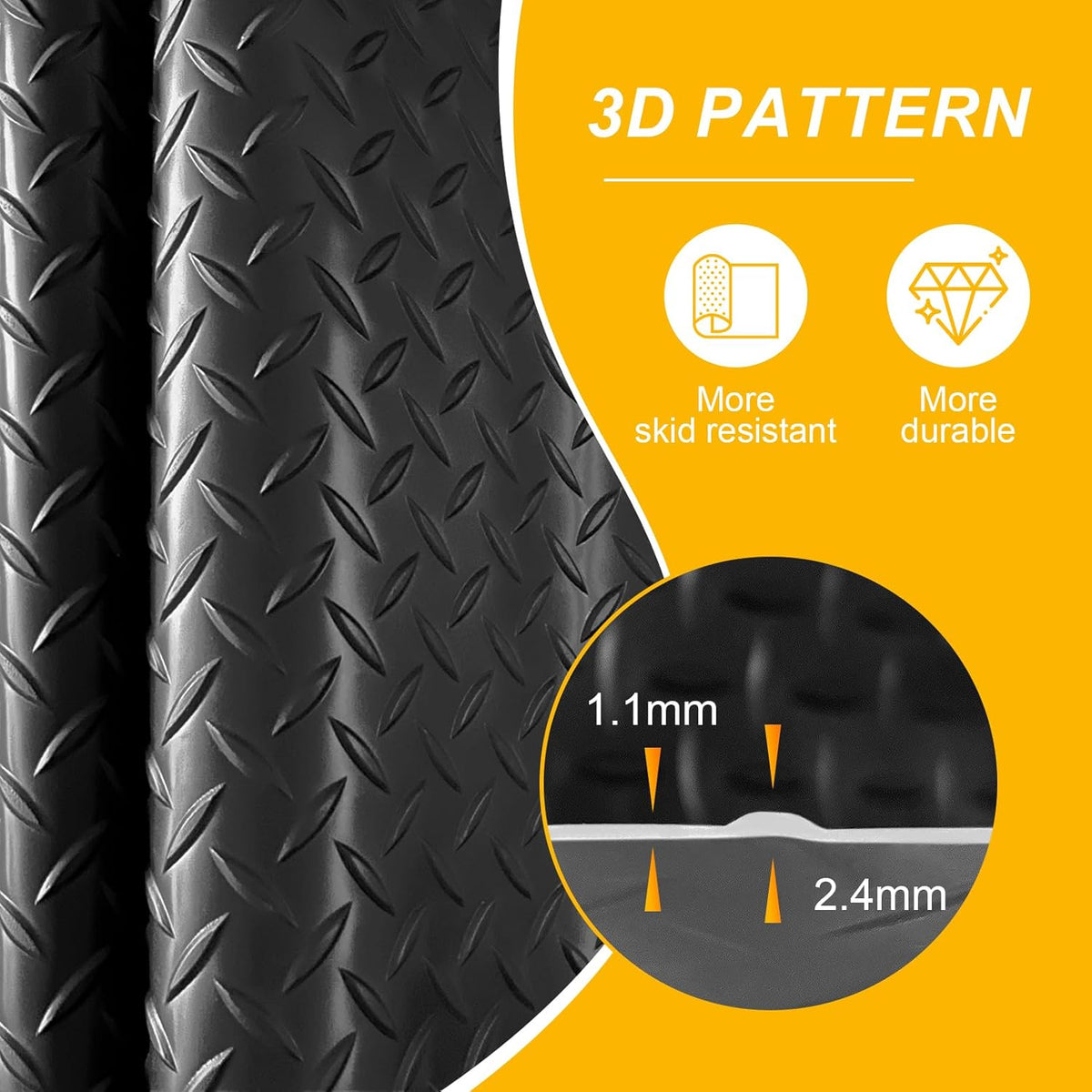 7.5x18 FT Garage Floor Mat, Flooring Roll with 20Pcs Tapes, 135 sqft Diamond Plate PVC Rubber Trailer Mat, Non-Slip Floor Mat for Garage, Warehouse, Gyms, Trailer, Pickup Truck (Black)