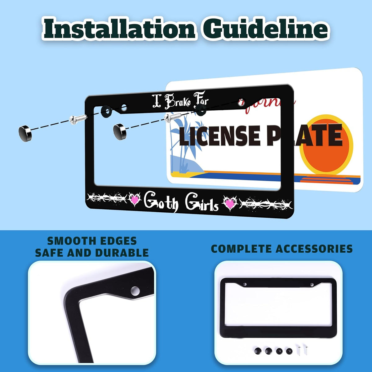 I Brake for Goth Girls License Plate Frame Funny Gothic License Plate Holder for Front or Rear Car Tags Reusable Durable Stainless Steel Car Decoration with Screws 6.3 X 12.2 Inch for Men Women