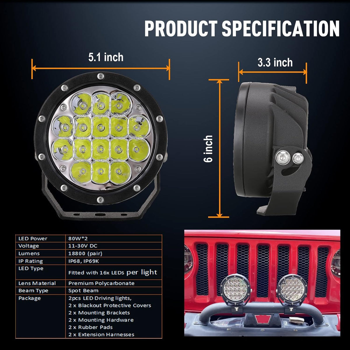 BIGLION.X Pair 160w 5 Inch Round Led Offroad Driving Lights Fog Lights 18800LM Offroad Spot Light Driving Light Pods Light Bar with Wiring Harness 12V 24V for Car Trucks SUV UTV ATV