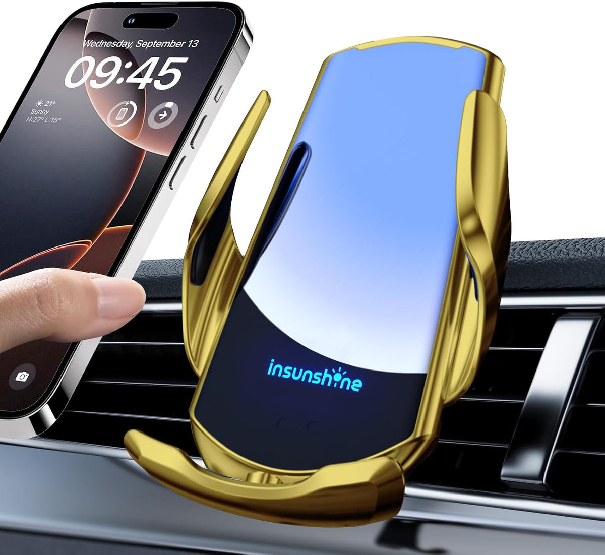 Wireless Car Charger, MAX 15W Fast Charging Auto Clamping, Sensing Phone Holder Mount, fit for iPhone 16 15 14 13 12 Pro Max Xs X, Samsung Galaxy S24 Ultra S23 S22 S21 S20 Note20 (5-Golden)
