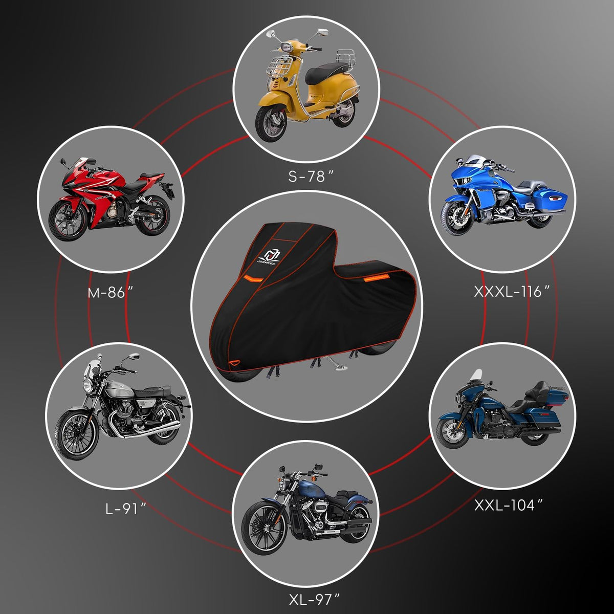 Motorcycle Cover | Heavy Duty PVC | Soft Inner Cotton | Waterproof Outdoor | All Season Universal | 4 Reflective Strips | 3 Windproof Straps | 1 Lock Hole | 1 Storage Bag | (Black, XXL, 104")