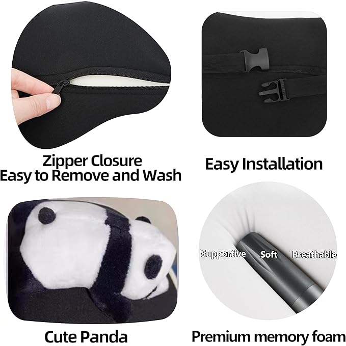 Car Headrest Pillow 2PCS Cute Car Seat Neck Pillow Car Decor Accessories Memory Foam Neck Support Cushions for Comfortable Driving Easy Install & Washable (Panda Black)