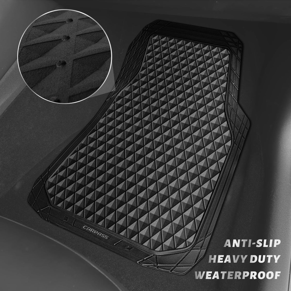 CAR PASS Black Rubber Car Floor Mats & Cargo Liners, Durable Anti-Slip 3D Rhombus Waterproof Automotive Pad Trim Fit Liner All-Weather Trunk Mats Full Set Universal Fit Auto Van Sedan SUV Truck Black