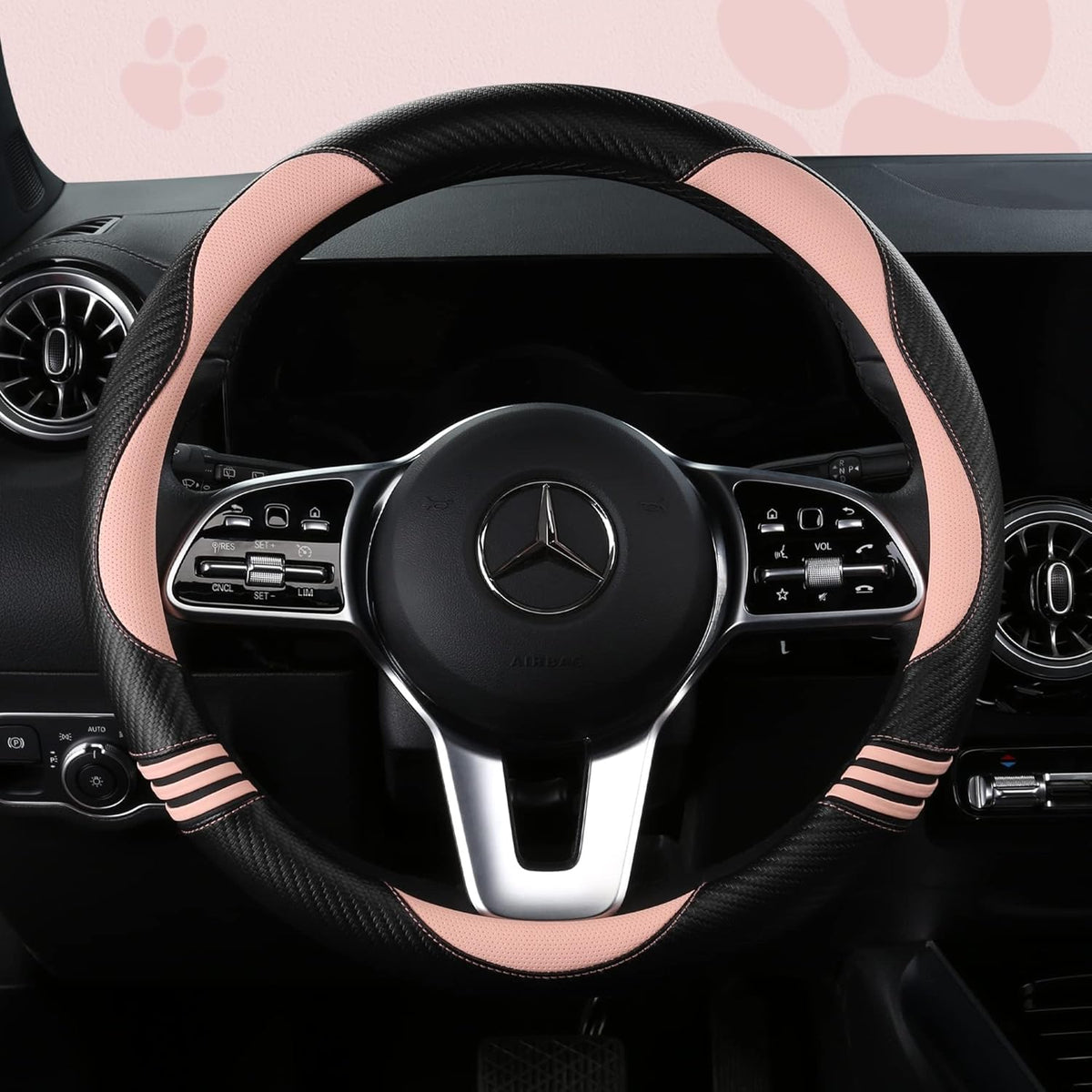 Car Steering Wheel Covers for Women Padded Carbon Fiber PU Leather Cute Auto Interior Accessories for Vehicle, Sedan, Universal, Anti Slip, Pink, Standard Size 14.5-15"(37-38cm)