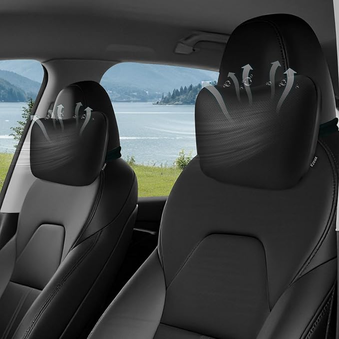 Upgraded Car Seat Neck Pillow - Adjustable Height Headrest Cushions - for Tesla Model 3/Y/S/X High-Elastic Pearl Cotton Inner & Ventilated Nappa Leather - Relieves Neck Pain 2 Pack Black