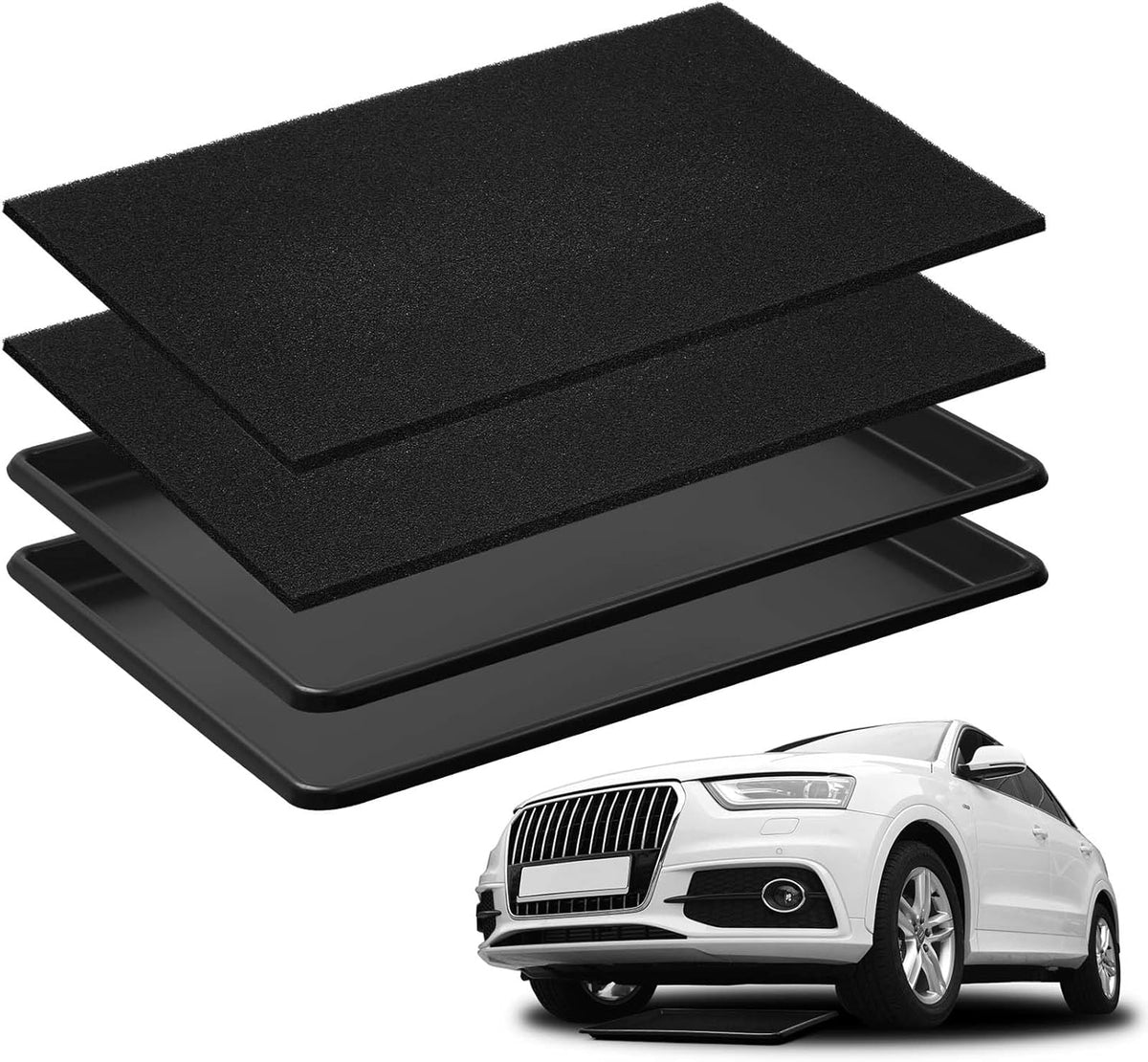 Uiifan 2 Sets 27'' x 20''x 1.4'' Oil Drain Drip Pan for Car with Square No Splatter Pad Oil Drip Tray with Mat for Under Car Transmission Garage Automotive Driveway to Keep Floor Clean, Black