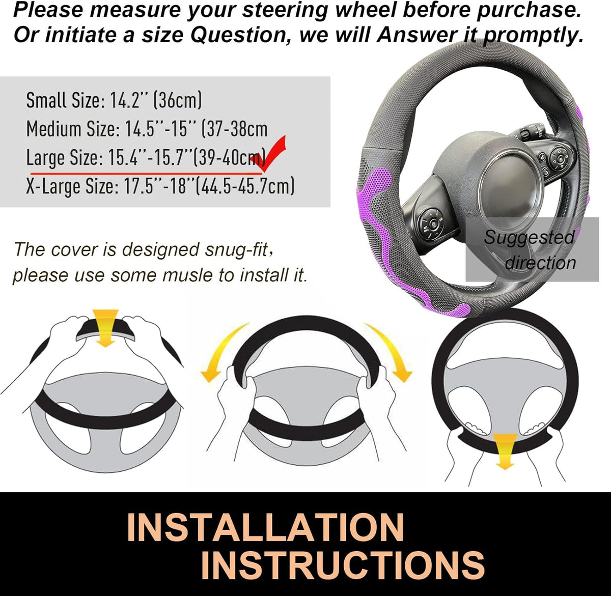 PINCTROT Large Size Comfy Grip Steering Wheel Cover, Anti-Slip Design, 15.5-15.75 Inch(Silicone Purple)