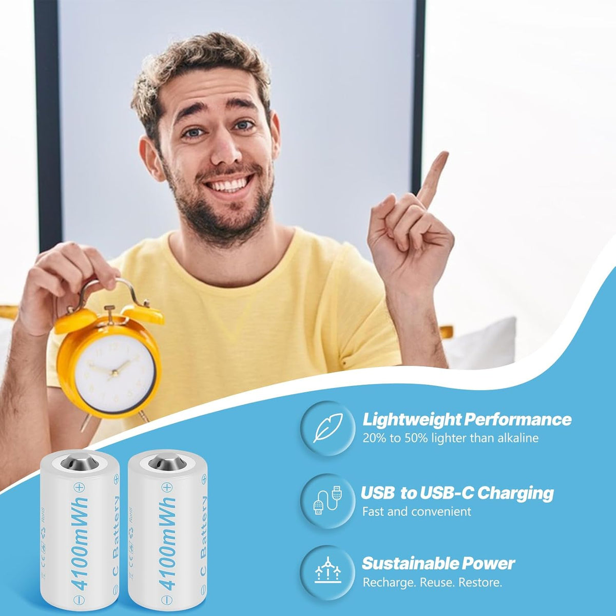 Rechargeable Lithium C Battery 4 Pack, Batteries c Size，Long Lasting1.5V C Batteries Rechargeable with 4 in 1 USB-C Charge Cable for Television Remote, Flashlights
