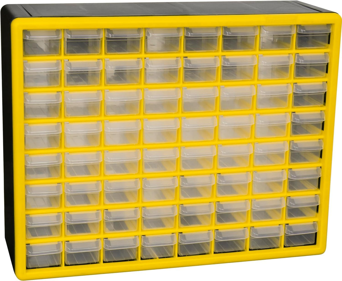 Akro-Mils 64-Drawer Plastic Drawer Storage Cabinet for Garage Organization, Bead Organizer, Building Bricks Storage, Teacher Toolbox, Makeup Organizer, 20-Inch W x 6-Inch D x 16-Inch H, 10164 Yellow