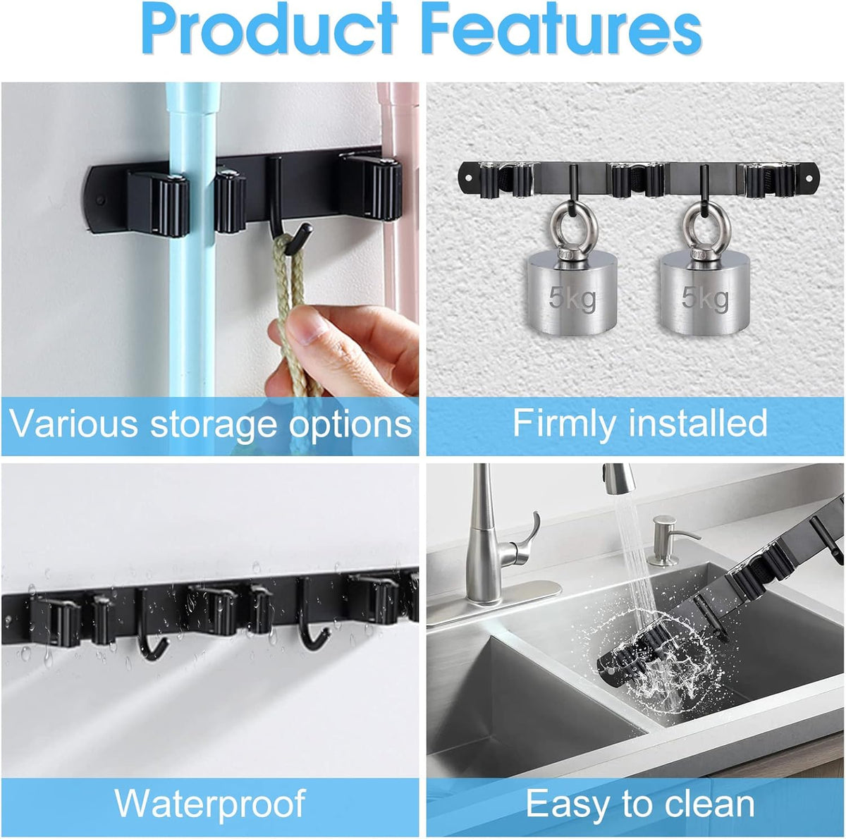 Huryfox Mop and Broom Holder Wall Mounted - Sturdy Stainless Steel Rack with Utility Hooks, 4 Racks, 3 Hooks Adjustable Design and Multiple Storage Organiser Options, Perfect for Kitchen, Laundry