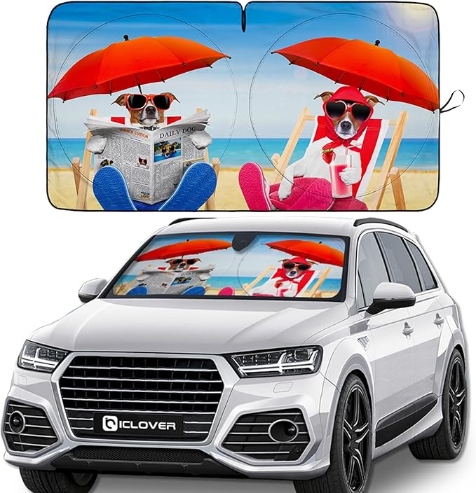 IC ICLOVER Windshield Sun Shade Funny for Car SUV Truck, 240T Polyester Blocks Heat and Sun, Foldable UV Ray Reflector Front Window Sun Shade Visor Shield Cover - 59inchx33inch (Dog with Umbrella)