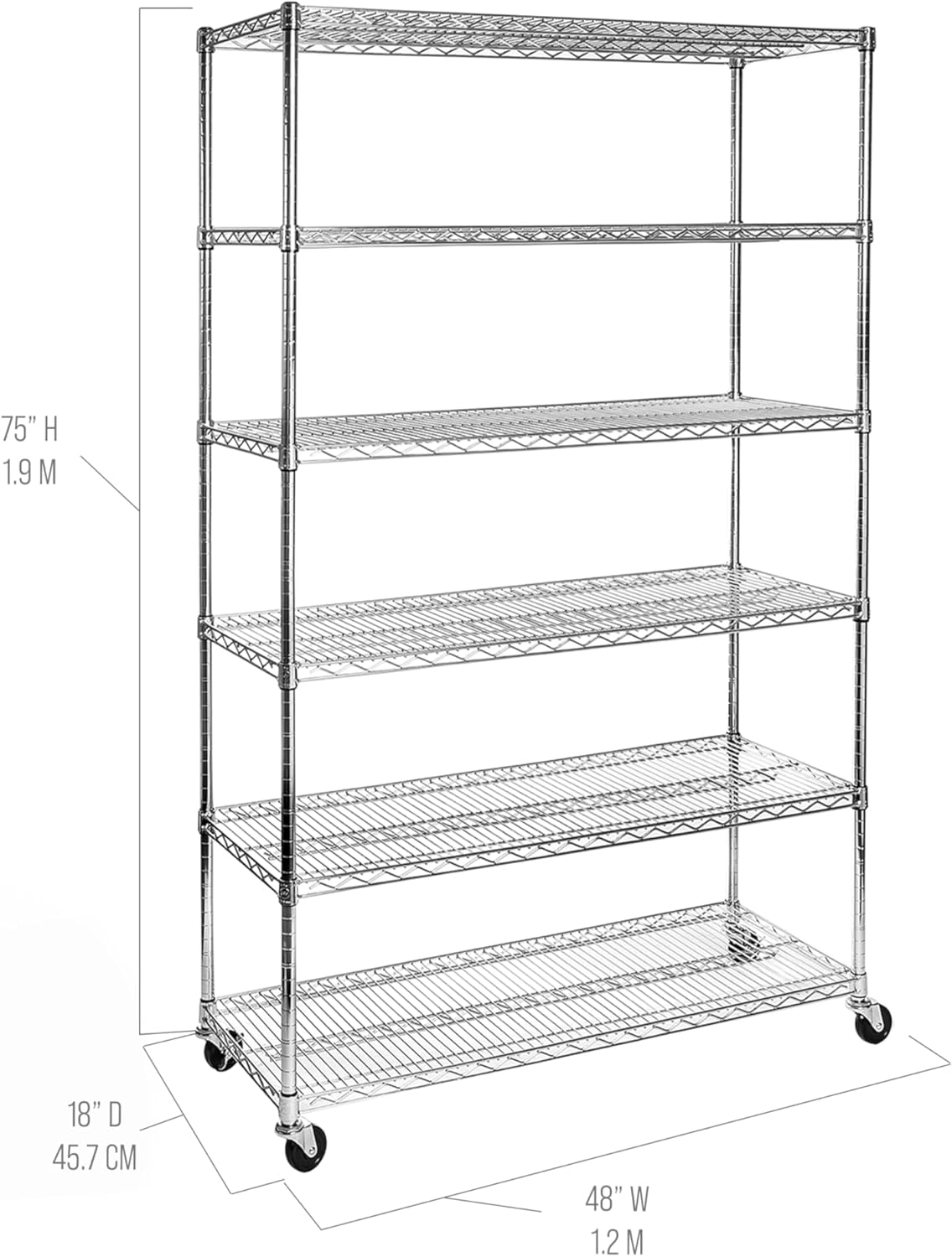 Seville Classics UltraDurable Heavy Duty NSF Solid Steel Wire Rack Storage Unit Wheels, 6-Tier Shelving, 48" W x 18" D
