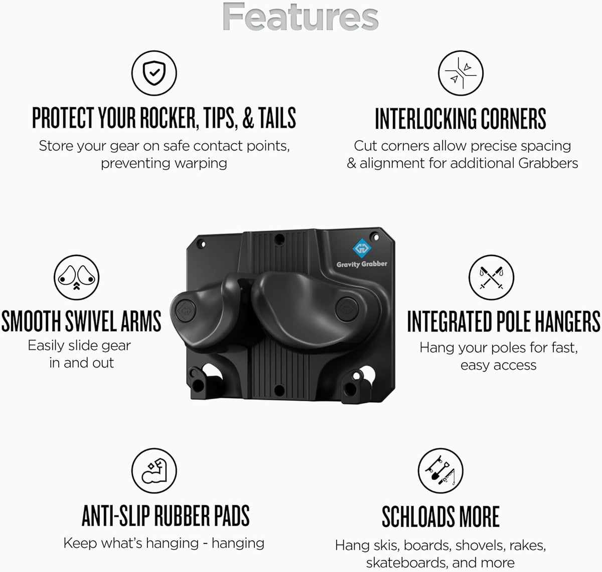 Ultimate Ski & Snowboard Wall Storage Rack - Fits any Ski or Snowboard - Save Your Rocker, Tips and Tails - Damage-free - 3x - Black