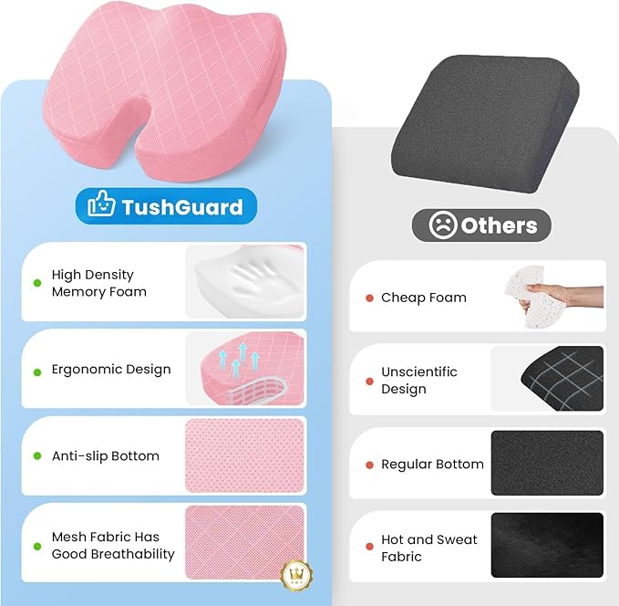 TushGuard Office/Car Seat Cushion, Non-Slip Sciatica & Back Coccyx Tailbone Pain Relief Chair Pad, Memory Foam Butt Pillow for Computer Desk, Wheelchair, Driving (Pink, XX-Large)