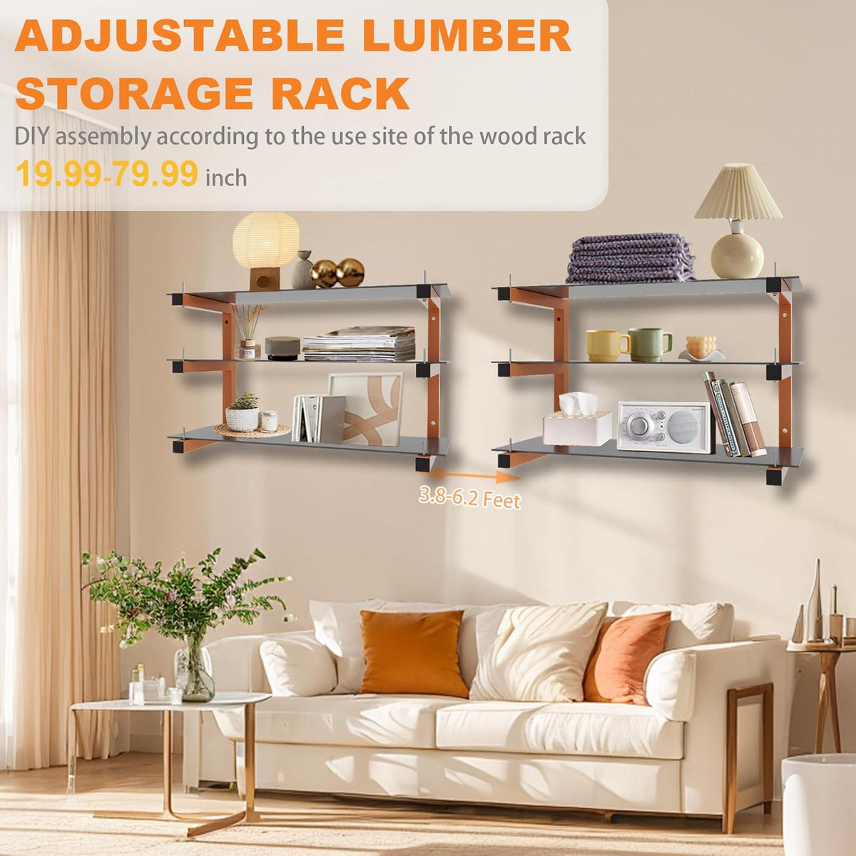 4 Pack Wall-Mounted Lumber Rack, Heavy Duty Wood Storage Racks, 6-Level System Garage Shelving, 1320 LBS Capacity Hanging Organizer Shelves, Orange Brackets Utility Metal Shelf for Indoor and Outdoor