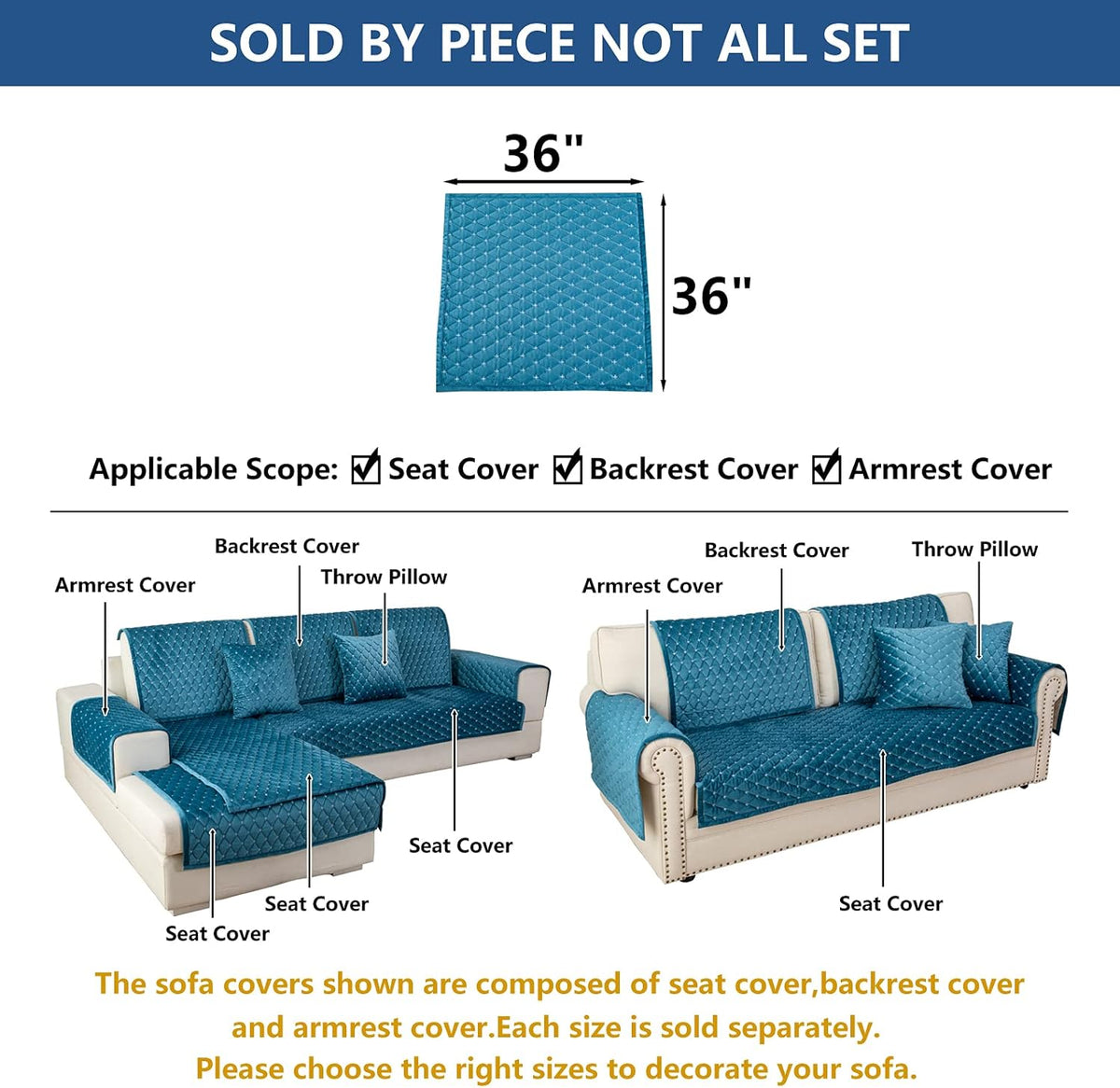 Eismodra Couch Cover,Sectional Couch Covers,Sofa Covers for 3 Cushion Couch,Anti-Slip Sofa Slipcovers for Dogs Cats Kids Loveseat Recliner L Shaped Armrest Backrest,Blue 36''x36''(Only 1 Piece)