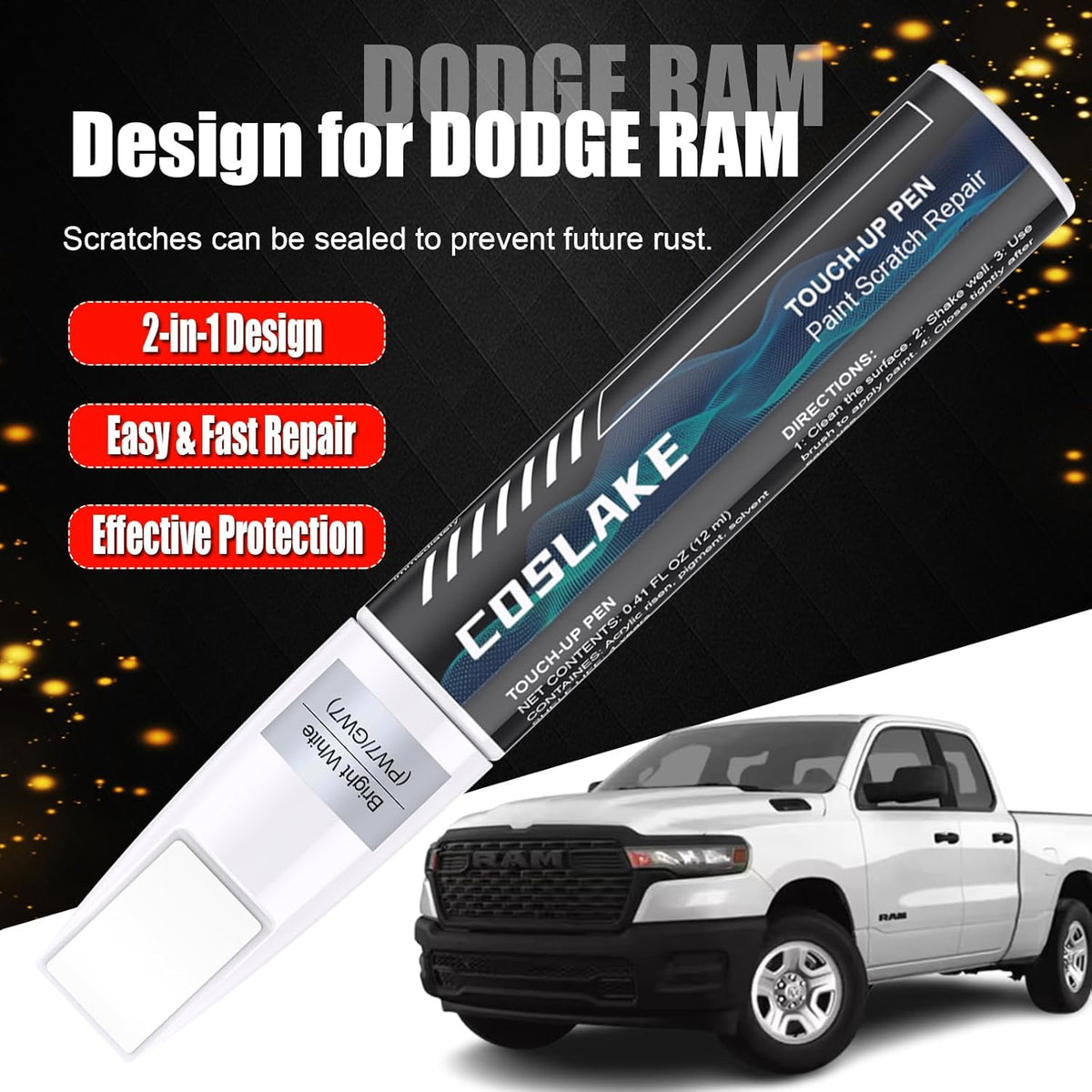 Car Touch Up Paint(Bright White(PW7/GW7)) for Dodge Ram, Car Paint Scratch Repair Kit, Quick & Easy Solution to Repair, 2 in 1 Scratch Remover Pen with 2PCS Disposable Micro Applicators
