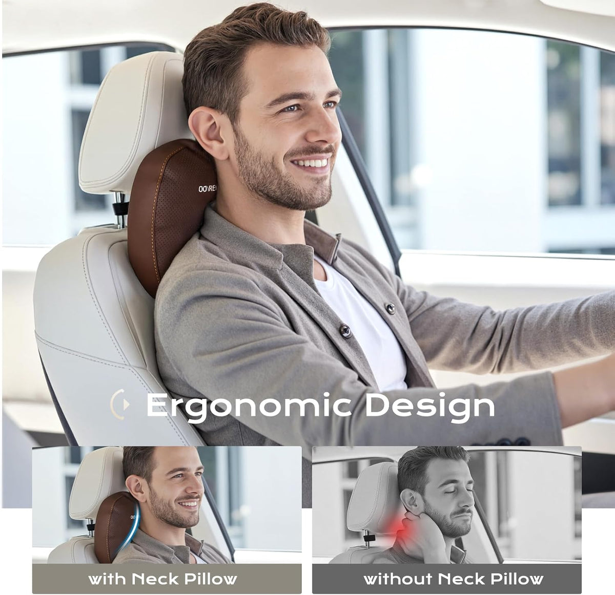 Coverado Leather Car Headrest Pillow Car Neck Pillow with Adjustable Strap, Head Support Rest Driver Relax Head Muscles Relieve Driving Fatigue, Breathable & Removable Cover, Coffee