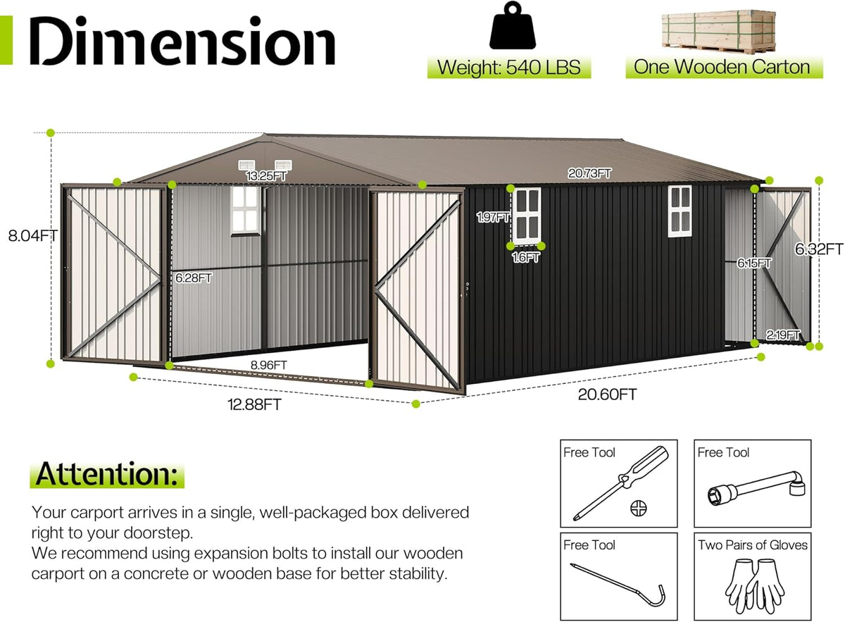 Jocisland 13.2x20.7x8.4 FT Heavy Duty Carport, Metal carport with 2 Lockable Doors & 4 Windows, Carport Canopy for for Car, Truck, Garbage Can, Tool, Lawnmower, Grey