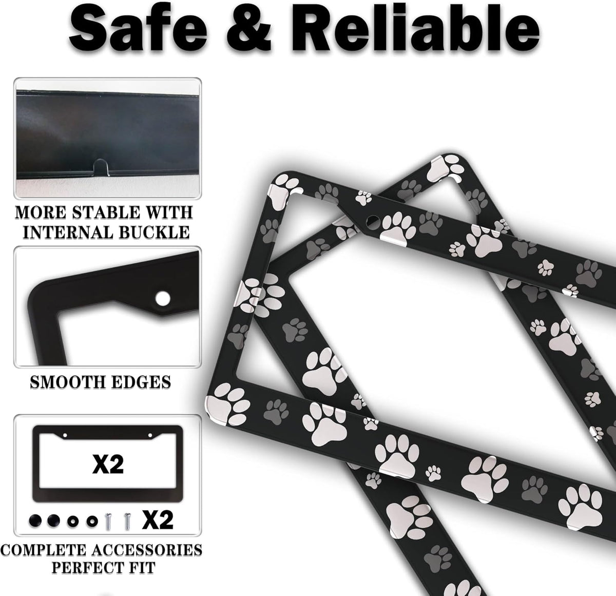 License Plate Covers Black and White License Plate Frames Paw Print Dog Cat Universal Aluminum Car Accessory 2 Pack with Screw Covers Set