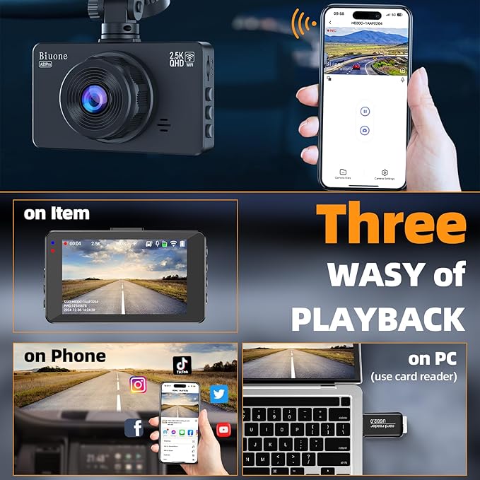 Dash Cam Front and Rear Dash Camera WiFi/APP Control Car Camera with 64G Card 2.5K Front Dash Cam+1080P Rear Dashcams with Super Night Vision, Loop Recording, G-Sensor