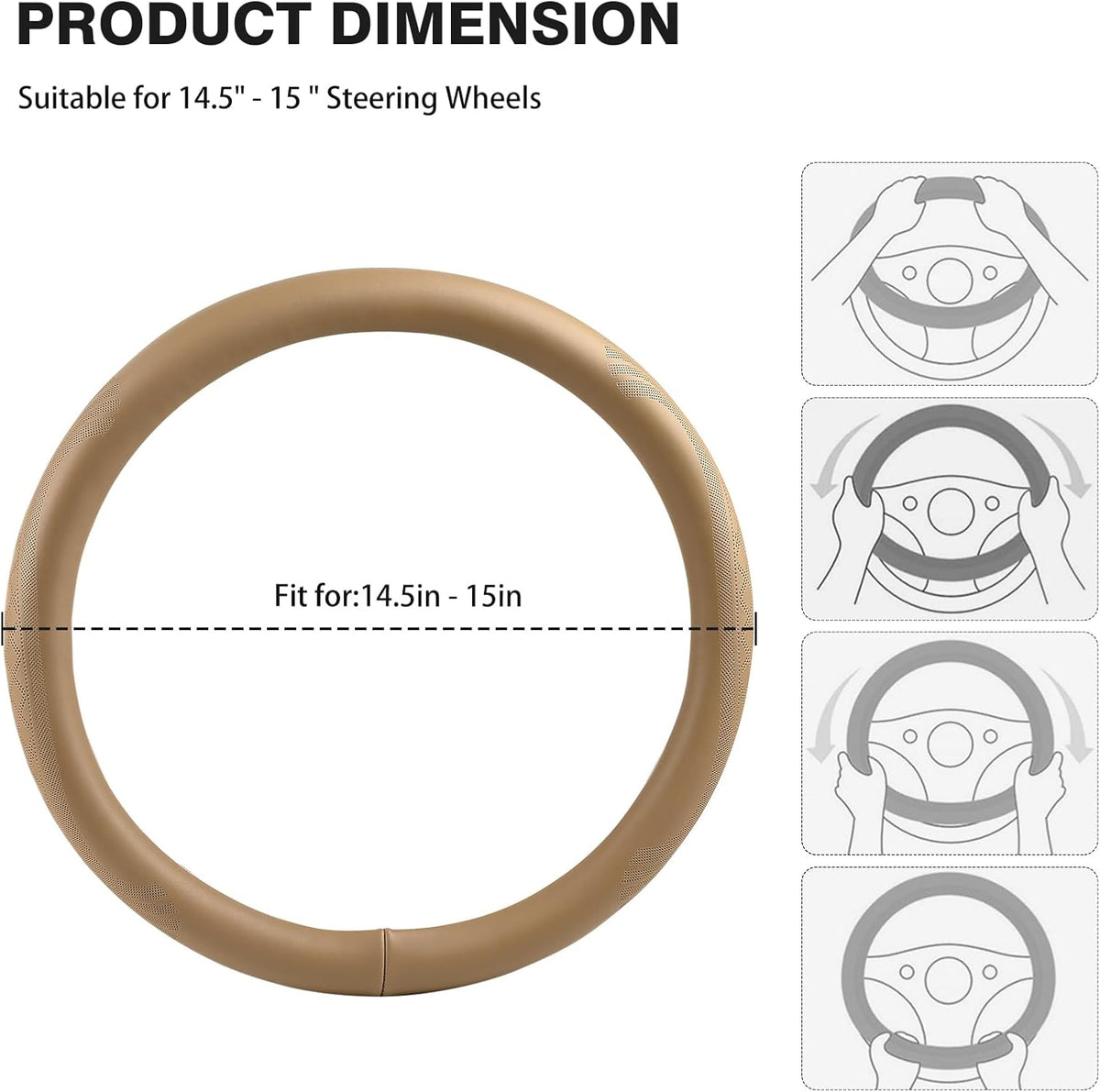 【2025 Model】 High-Grade Real Cowhide Steering Wheel Cover for Men Women，Beige Genuine Leather Steering Wheel Cover for Cars,Universal 14.5-15 inch Steering Wheels,Grid & Square Motif