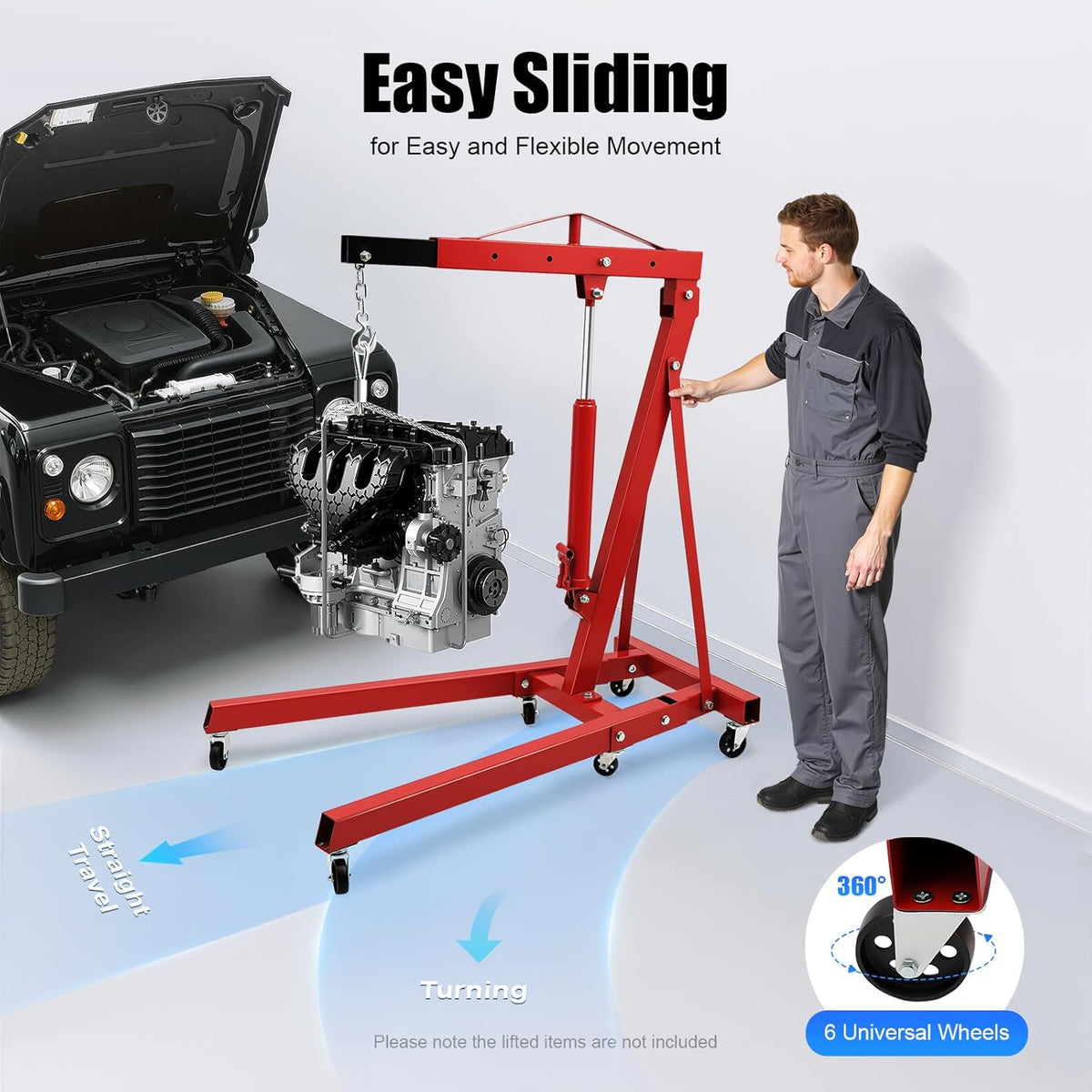 Folding Engine Hoist 1 Ton Engine Crane Lift with 6 Caster Wheels 2200LBS Steel Hydraulic Engine Crane 4 Adjustable Positions for Car Fixing Workshops Garages Warehouse(Sent in 2 Packages)