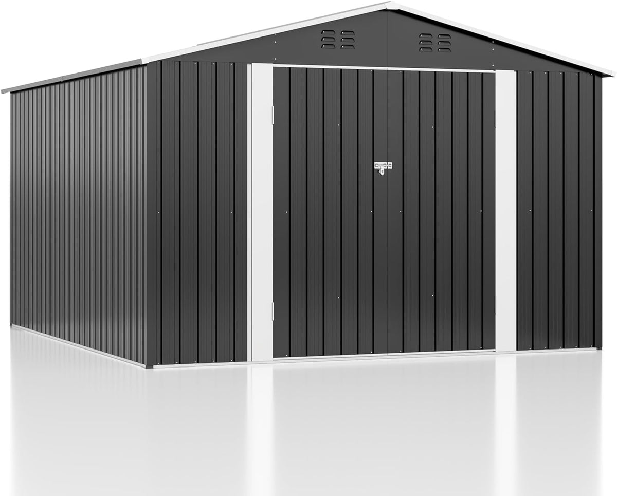 WKM 10x10 FT Outdoor Storage Shed, Utility Metal Tool Storage with Lockable Doors and Updated Frame Structure, Metal Garden Shed for Backyard, Patio Lawn, Black