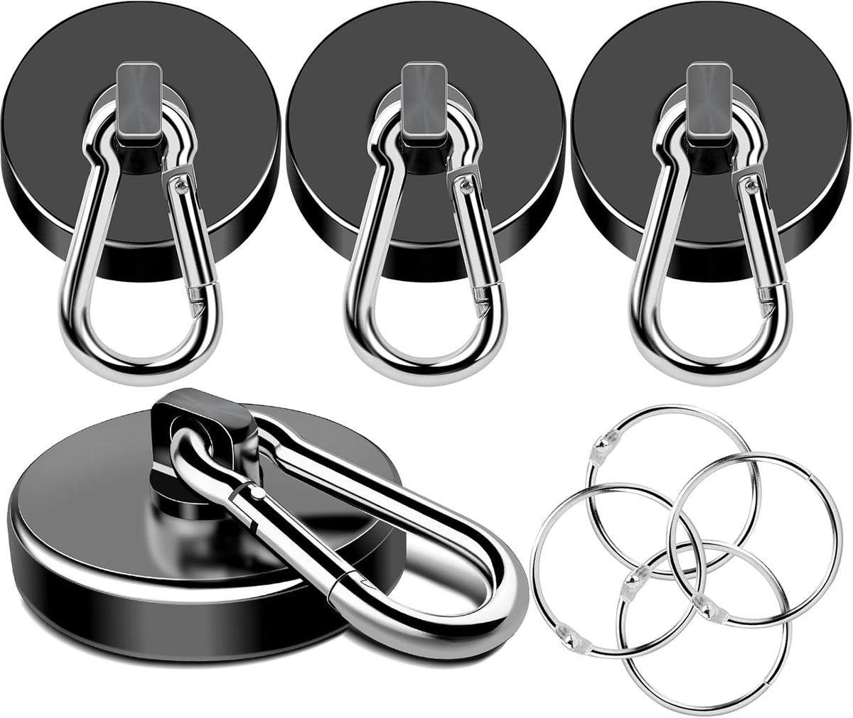 MIKEDE Strong Magnetic Hooks Heavy Duty, 200LBS+ Black Swivel Neodymium Magnets with Carabiner Hook, Hooks for Hanging, Curtain - 4 Pack