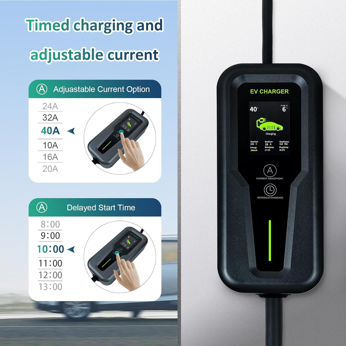 Level 2 EV Charger 40Amp, 240V, NEMA 14-50 J1772 Connector and 25 ft Cable,Portable Electric Vehicle Charging Stations with LCD Screen-1PC