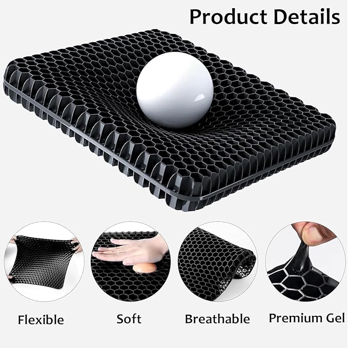 Gel Seat Cushion, Super Large Gel Cushion Chair Pads with Non-Slip Cover for Home Office Car Seat Wheelchair, Soft Breathable Honeycomb Seat Cushion for Relieve Hip Pain, As Seen On TV (Black)