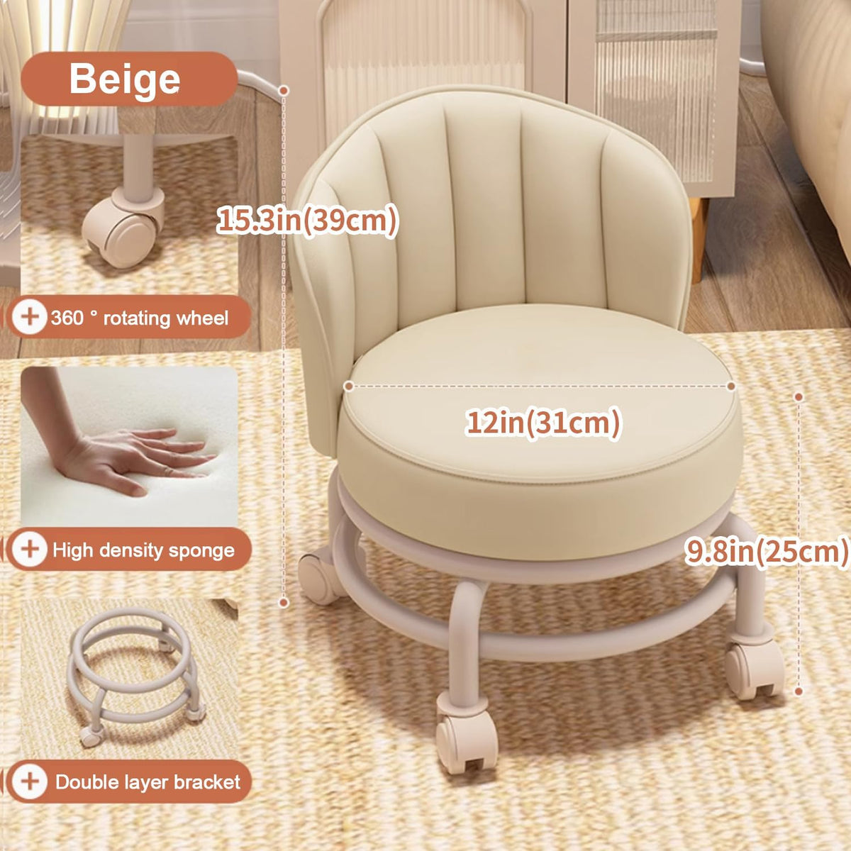 Low Rolling Stool with Backrest,Rolling Pedicure Seat,Low Stool with Wheels for Home, Office, Garage, Shop, Library (White)