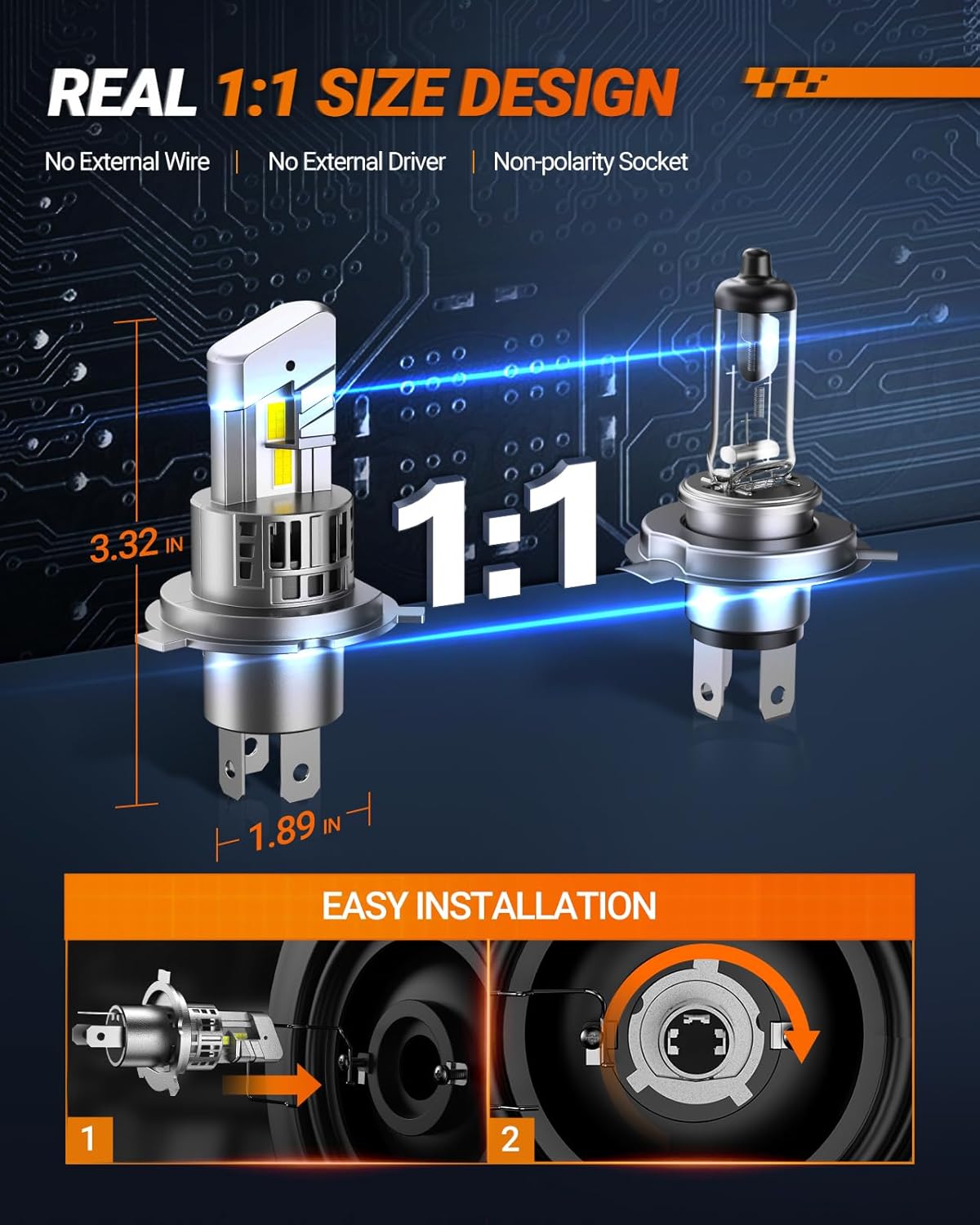 SEALIGHT H4 9003 HB2 Fog Bulbs, 30000LM 6500K Cool White, 1:1 Mini Size, H4 Bulb with 13000RPM Cooling Fan, 3 Mins Plug-N-Play, Non-Polarity, Pack of 2