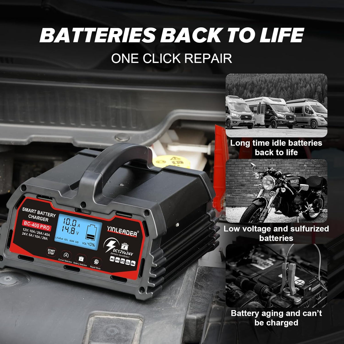 Battery Charger 40A, 12V/24V Lead Acid Smart Battery Charger, 12V LiFePO4 Car Battery Trickle Charger, Automatic Battery Maintainer for Car Motorcycle Lawn Mower Marine Boat Lead Acid Batteries