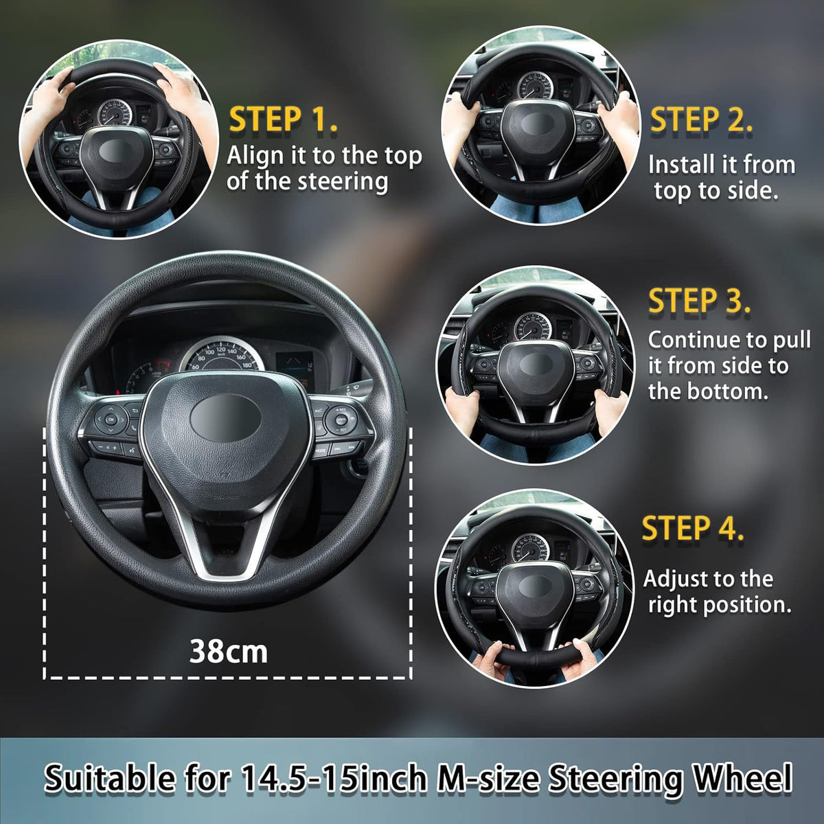 Steering Wheel Cover Black White, Carbon Fiber Car Steering Wheel Covers with Coasters Universal 14.5-15 inch Leather Microfiber Breathable Anti-Slip Steering Wheel Accessories Set