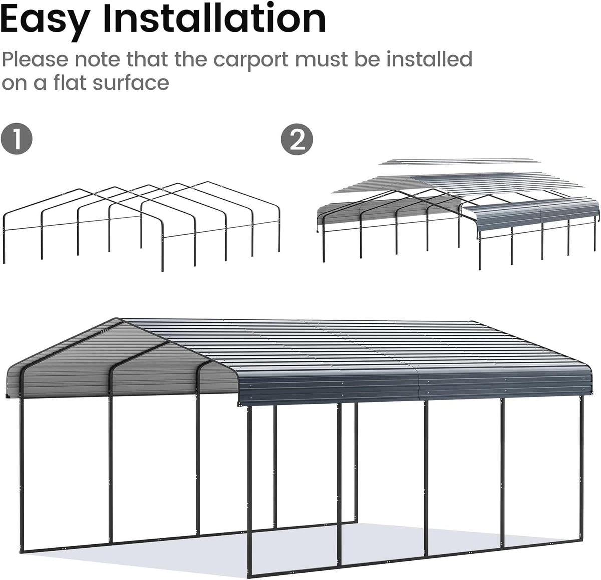 12'x20' Heavy Duty Metal Carport, Outdoor Garage Car Shelter Shade with Heavier Frame, Galvanized Roof for Car and Boats, Grey