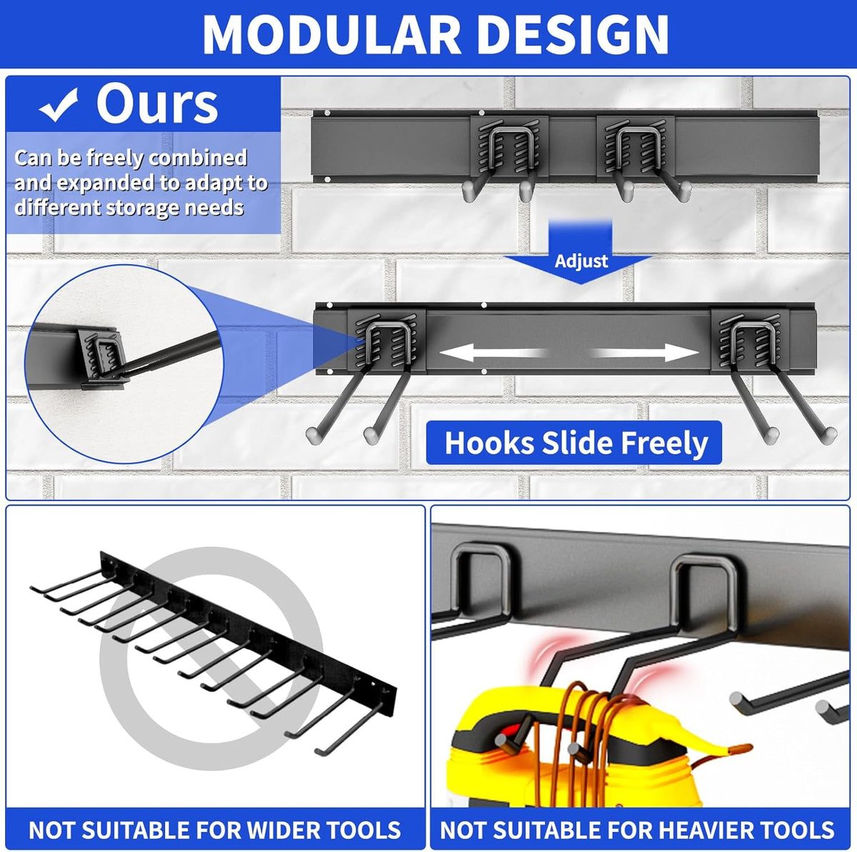 Garage Organization Tool Organizer Wall Mount, 48inch Heavy Duty Garden Tool organizer Storage System, Easy Install With 9 Adjustable Hooks, For Garage, Basement, Shed, Workshop(Black)