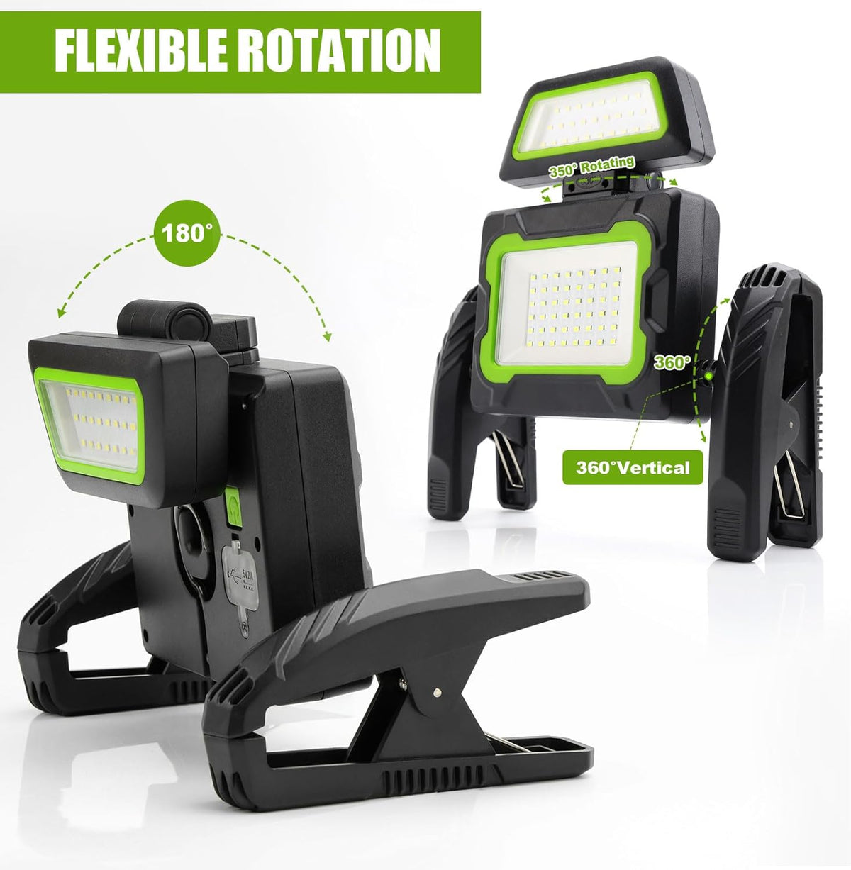 Rechargeable Work Light with Clamp, 3000 Lumen Magnetic Work Light Battery Powered with 5 Light Modes, 350° Rotation, Portable Job Site Lighting for Construction Site, Workshop, Car Repairing