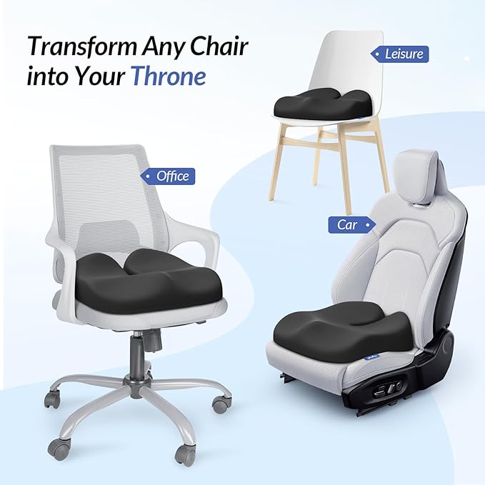 ZIKEE Ergonomic Seat Cushion with Thigh Slope for Long Sitting, Memory Foam Office Chair Cushion for Car, Home, Plane, U-Shaped Design Relieves Hip, Tailbone Pain, Non-Slip Sciatica Pain Relief Pillow