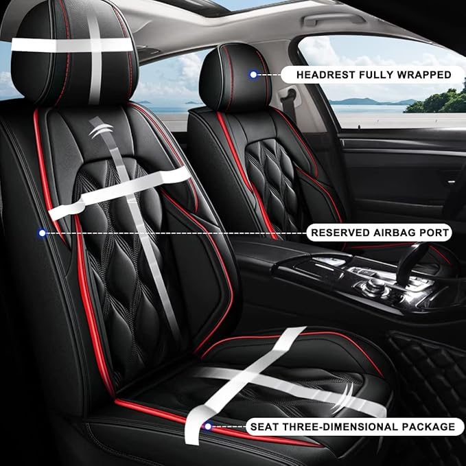 AOMSAZTO Front Seat Covers Fit for Kia Rio 2013-2023 Waterproof Faux Leather Car Seat Cover Compatible with Airbag(2PCS Front, Black&Redline)