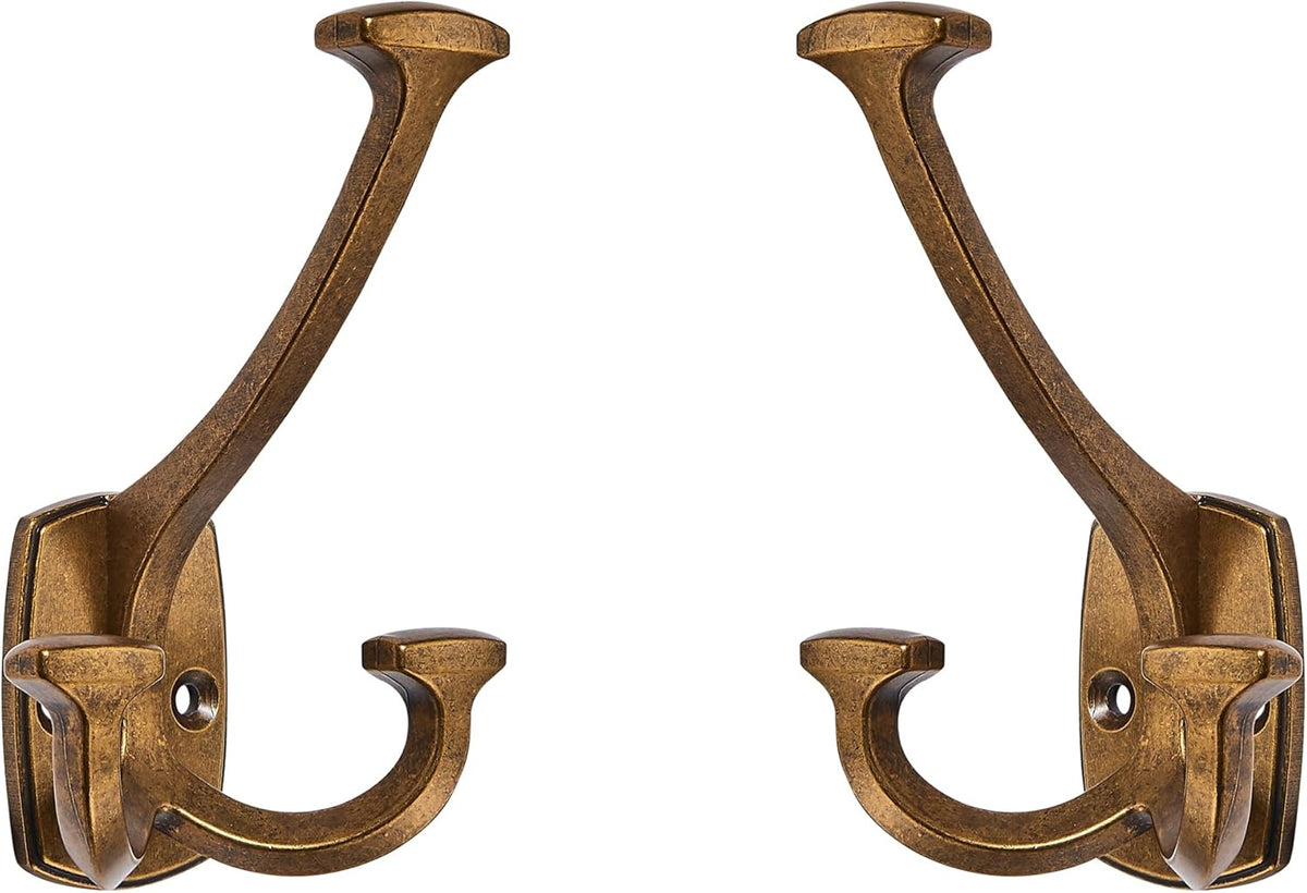 Large Wall Double-Sided Hook 2 Pack Antique Brass Hook Decorative Heavy Duty Solid Large Coat Hooks for Towel Hanging Coats Robe Towel Bags Door Back 2 Prong Hooks