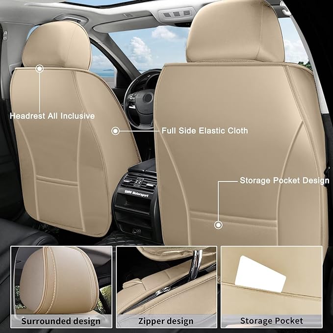 AOMSAZTO Car Seat Cover 2 Front Seat Fit for Ford Fusion 2010-2020 Leather Car Seat Cushion Protector Compatible Airbag Waterproof Automotive Seat Covers Beige