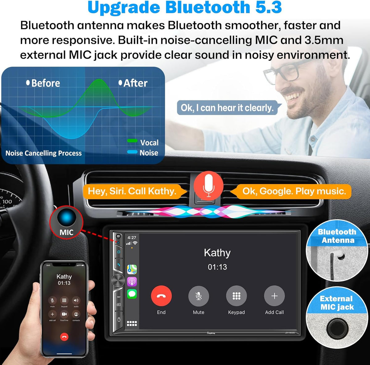 [Upgrade Wireless] 7" Double Din Car Radio with Wireless Apple CarPlay and Android Auto, Bluetooth 5.3 Car Play, 240W 4.2-Channel Audio Output, Mirror Link, Backup Camera, AM/FM Car Stereo