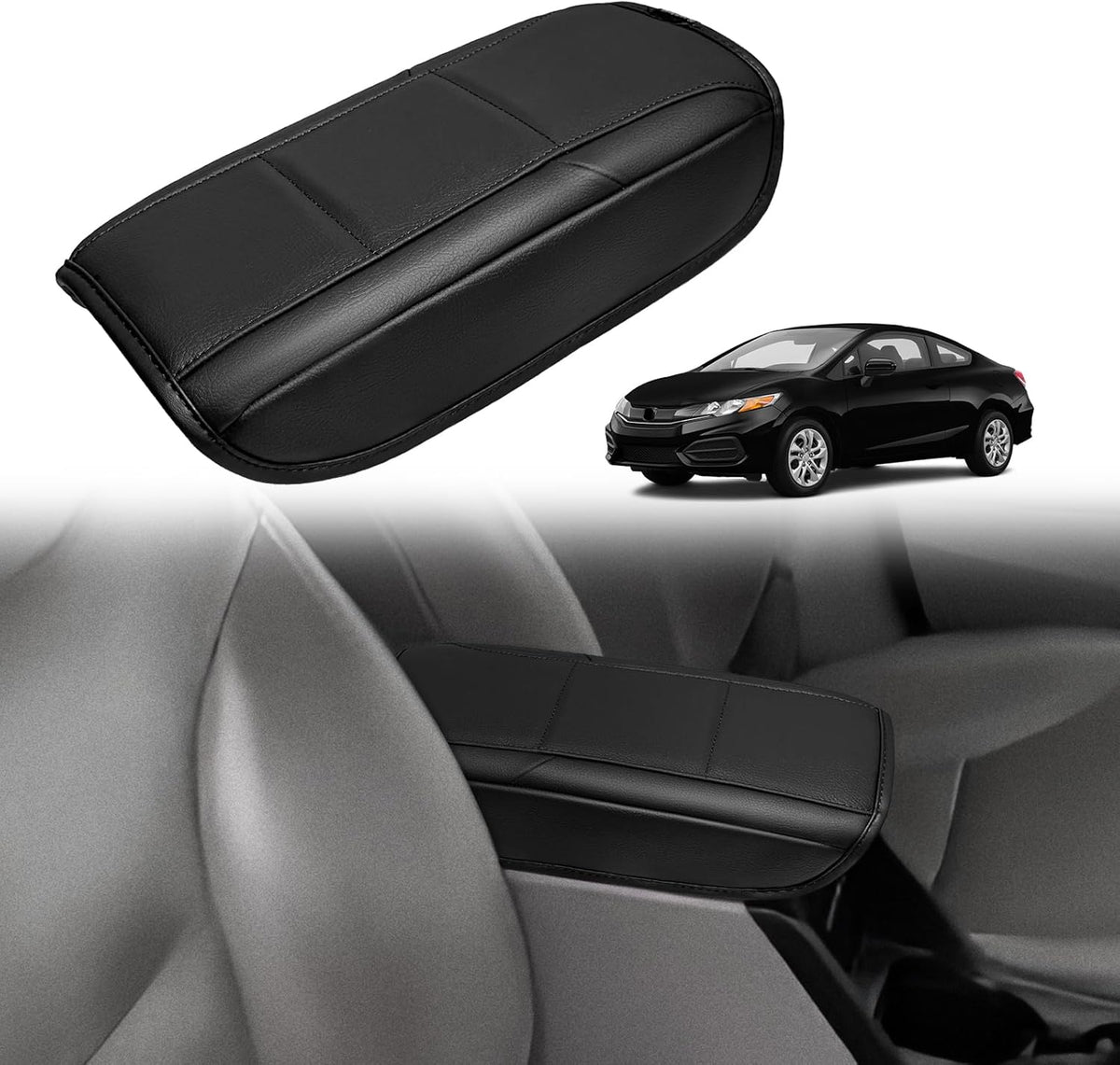 Muslogy Center Console Armrest Cover Compatible with Honda 2012-2015 Civic Accessories Comfort Armrest Pad Arm Rest Cushion Vegan Leather Protector Black Regular Thick